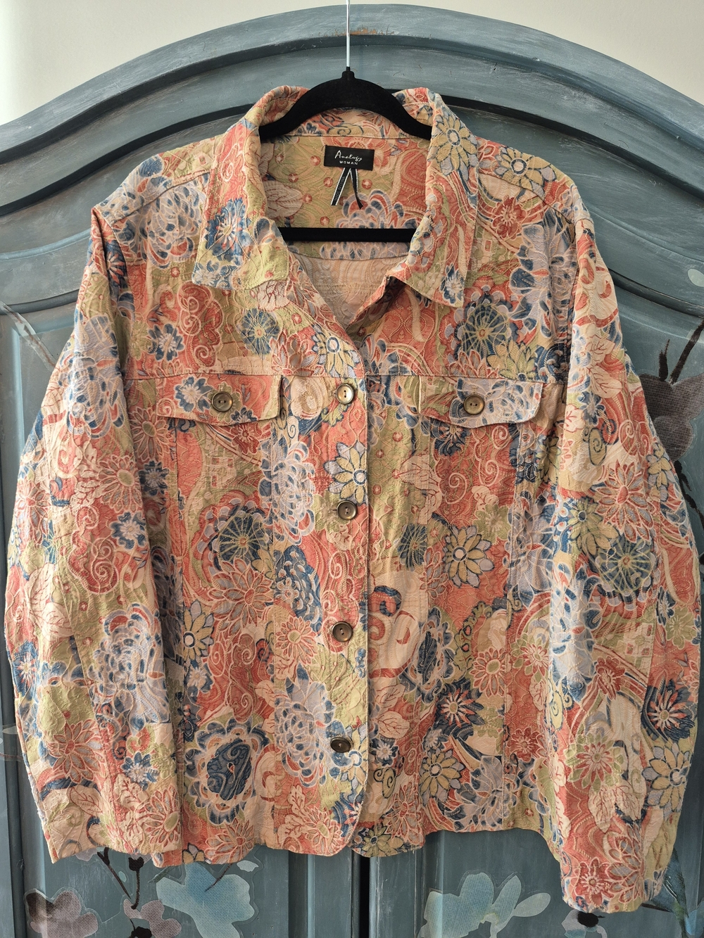 Analogy Cottagecore Pastel Floral Jean Jacket - Coral, Blue, Green, Cream